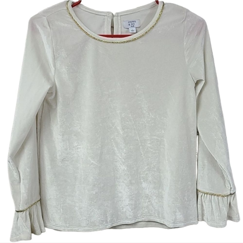 Crown & Ivy Girls Large 12/14 Cream Velour Ruffle Sleeve Top Gold Tinsel Trim